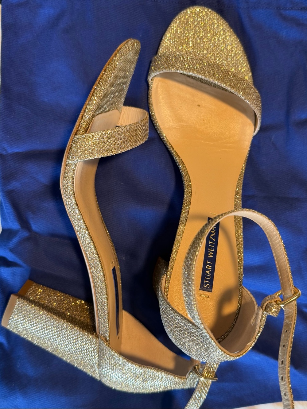 Stuart Weitzman Gold Glitter Ankle-Strap Block Heels
